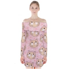 Cat Pattern Pink Cartoon Long Sleeve Off Shoulder Dress by Pakjumat