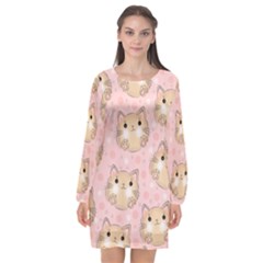 Cat Pattern Pink Cartoon Long Sleeve Chiffon Shift Dress  by Pakjumat