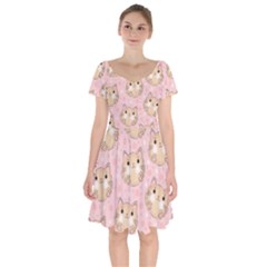 Cat Pattern Pink Cartoon Short Sleeve Bardot Dress by Pakjumat