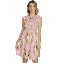 Cat Pattern Pink Cartoon Cap Sleeve High Waist Dress by Pakjumat