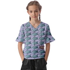 Fishes Pattern Background Theme Kids  V-neck Horn Sleeve Blouse by Pakjumat