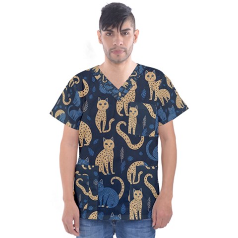 Cat Pattern Animal Men s V-neck Scrub Top by Pakjumat