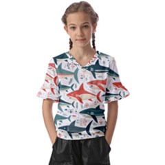 Fish Shark Animal Pattern Kids  V-neck Horn Sleeve Blouse by Pakjumat