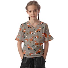 Fox Pattern Texture Kids  V-neck Horn Sleeve Blouse by Pakjumat