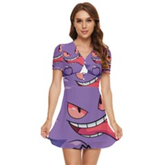 Purple Funny Monster V-neck High Waist Chiffon Mini Dress by Sarkoni