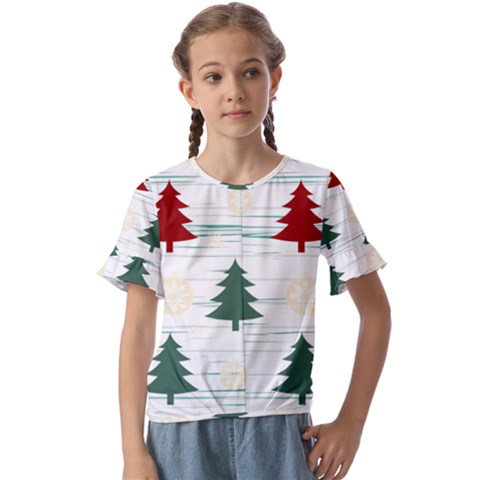 Christmas Tree Snowflake Pattern Kids  Cuff Sleeve Scrunch Bottom T-shirt by Sarkoni