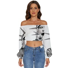 Funny Statue Of Liberty Parody Long Sleeve Crinkled Weave Crop Top by Sarkoni