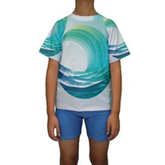 Tsunami Tidal Wave Wave Minimalist Ocean Sea Kids  Short Sleeve Swimwear by uniart180623