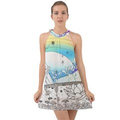 Rainbow Fun Cute Minimal Doodle Drawing Halter Tie Back Chiffon Dress by uniart180623