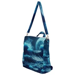 Moonlight High Tide Storm Tsunami Waves Ocean Sea Crossbody Backpack by uniart180623