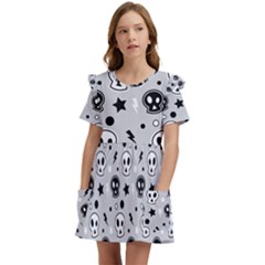 Skull-pattern- Kids  Frilly Sleeves Pocket Dress by Ket1n9