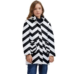 Black And White Chevron Kids  Hooded Longline Puffer Jacket by Ket1n9