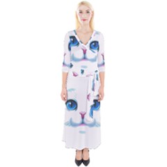 Cute White Cat Blue Eyes Face Quarter Sleeve Wrap Maxi Dress by Ket1n9