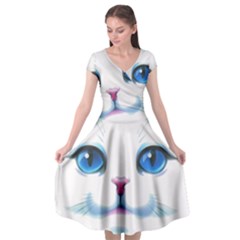 Cute White Cat Blue Eyes Face Cap Sleeve Wrap Front Dress by Ket1n9