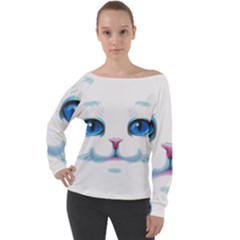 Cute White Cat Blue Eyes Face Off Shoulder Long Sleeve Velour Top by Ket1n9