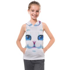 Cute White Cat Blue Eyes Face Kids  Sleeveless Hoodie by Ket1n9