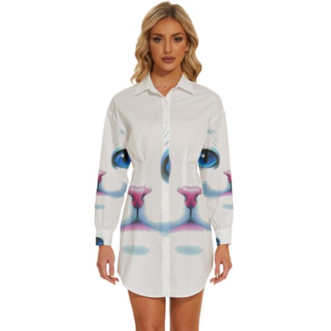 Cute White Cat Blue Eyes Face Womens Long Sleeve Shirt Dress by Ket1n9