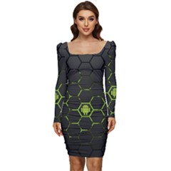 Green Android Honeycomb Gree Women Long Sleeve Ruched Stretch Jersey Dress by Ket1n9