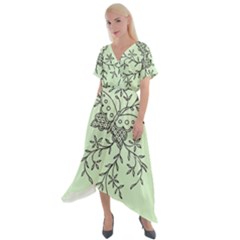 Illustration Of Butterflies And Flowers Ornament On Green Background Cross Front Sharkbite Hem Maxi Dress by Ket1n9