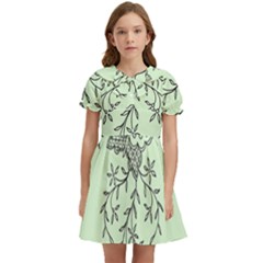 Illustration Of Butterflies And Flowers Ornament On Green Background Kids  Bow Tie Puff Sleeve Dress by Ket1n9