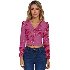 Pink Circuit Pattern Long Sleeve V-neck Top by Ket1n9