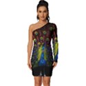 Beautiful Peacock Feather Long Sleeve One Shoulder Mini Dress View1