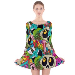 Crazy Illustrations & Funky Monster Pattern Long Sleeve Velvet Skater Dress by Ket1n9