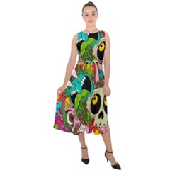 Crazy Illustrations & Funky Monster Pattern Midi Tie-back Chiffon Dress by Ket1n9