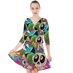 Crazy Illustrations & Funky Monster Pattern Quarter Sleeve Front Wrap Dress by Ket1n9