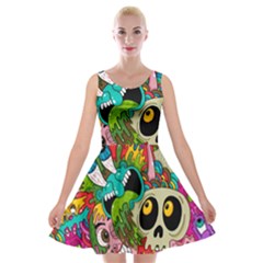 Crazy Illustrations & Funky Monster Pattern Velvet Skater Dress by Ket1n9