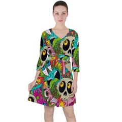 Crazy Illustrations & Funky Monster Pattern Quarter Sleeve Ruffle Waist Dress by Ket1n9