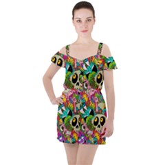 Crazy Illustrations & Funky Monster Pattern Ruffle Cut Out Chiffon Playsuit by Ket1n9