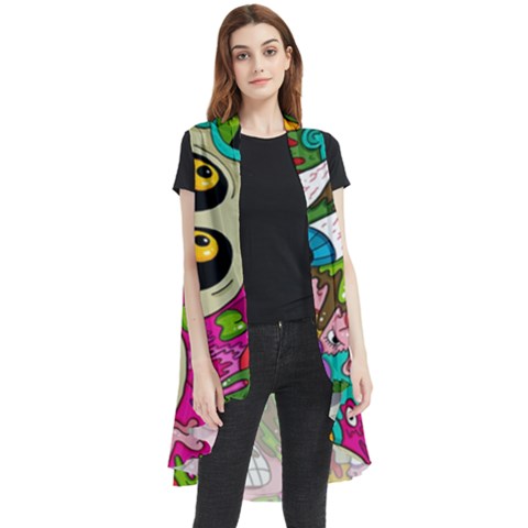 Crazy Illustrations & Funky Monster Pattern Sleeveless Chiffon Waistcoat Shirt by Ket1n9