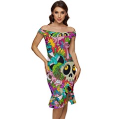 Crazy Illustrations & Funky Monster Pattern Off Shoulder Ruffle Split Hem Bodycon Dress by Ket1n9