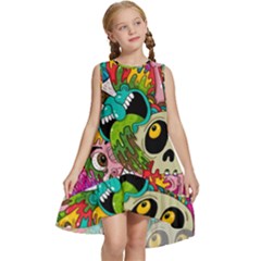 Crazy Illustrations & Funky Monster Pattern Kids  Frill Swing Dress by Ket1n9