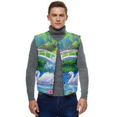 Swan Bird Spring Flowers Trees Lake Pond Landscape Original Aceo Painting Art Men s Button Up Puffer Vest	 by Ket1n9