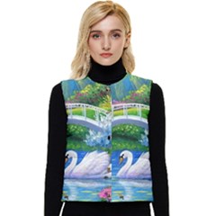 Swan Bird Spring Flowers Trees Lake Pond Landscape Original Aceo Painting Art Women s Button Up Puffer Vest by Ket1n9