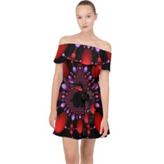 Fractal Red Violet Symmetric Spheres On Black Off Shoulder Chiffon Dress by Ket1n9