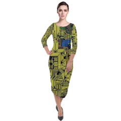 Technology Circuit Board Quarter Sleeve Midi Velour Bodycon Dress by Ket1n9