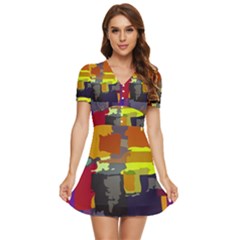 Abstract-vibrant-colour V-neck High Waist Chiffon Mini Dress by Ket1n9