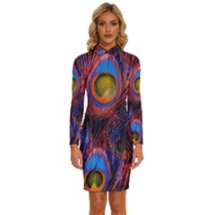 Pretty Peacock Feather Long Sleeve Shirt Collar Bodycon Dress by Ket1n9