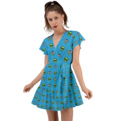 Alien Pattern Flutter Sleeve Wrap Dress by Ket1n9