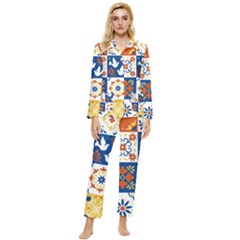 Mexican-talavera-pattern-ceramic-tiles-with-flower-leaves-bird-ornaments-traditional-majolica-style- Womens  Long Sleeve Velvet Pocket Pajamas Set by Ket1n9