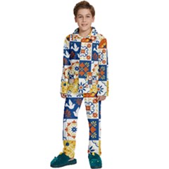 Mexican-talavera-pattern-ceramic-tiles-with-flower-leaves-bird-ornaments-traditional-majolica-style- Kids  Long Sleeve Velvet Pajamas Set by Ket1n9