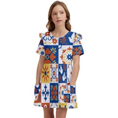 Mexican-talavera-pattern-ceramic-tiles-with-flower-leaves-bird-ornaments-traditional-majolica-style- Kids  Frilly Sleeves Pocket Dress by Ket1n9