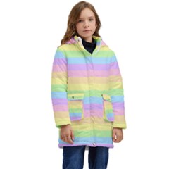 Cute Pastel Rainbow Stripes Kids  Hooded Longline Puffer Jacket by Ket1n9