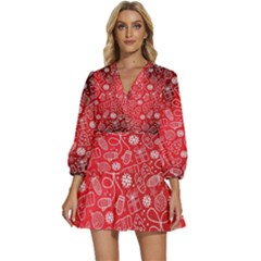 Christmas Pattern Red V-neck Placket Mini Dress by Grandong