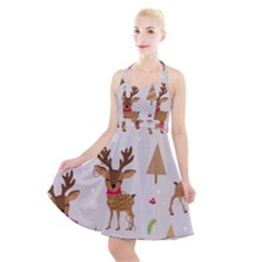 Christmas-seamless-pattern-with-reindeer Halter Party Swing Dress  by Grandong