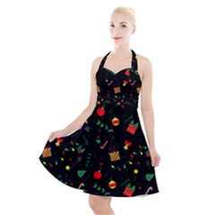 Christmas Pattern Texture Colorful Wallpaper Halter Party Swing Dress  by Grandong