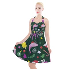 Colorful-funny-christmas-pattern   --- Halter Party Swing Dress  by Grandong